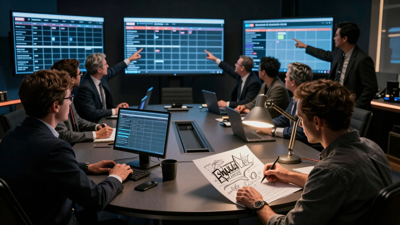 Studio executives review franchise data on screens, while a writer sketches a new idea alone in the corner.