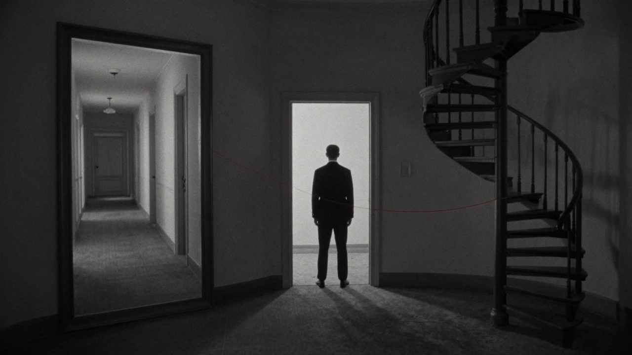 Surreal collage of Hitchcockian motifs: mirrors, doorways, and staircases in shadowy tones with red threads.