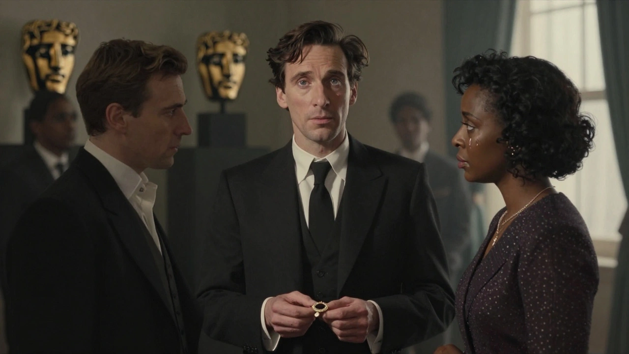 Three actors in silent, emotionally powerful moments: Brody, Murphy, and Joy, with award statues faintly visible in the background.