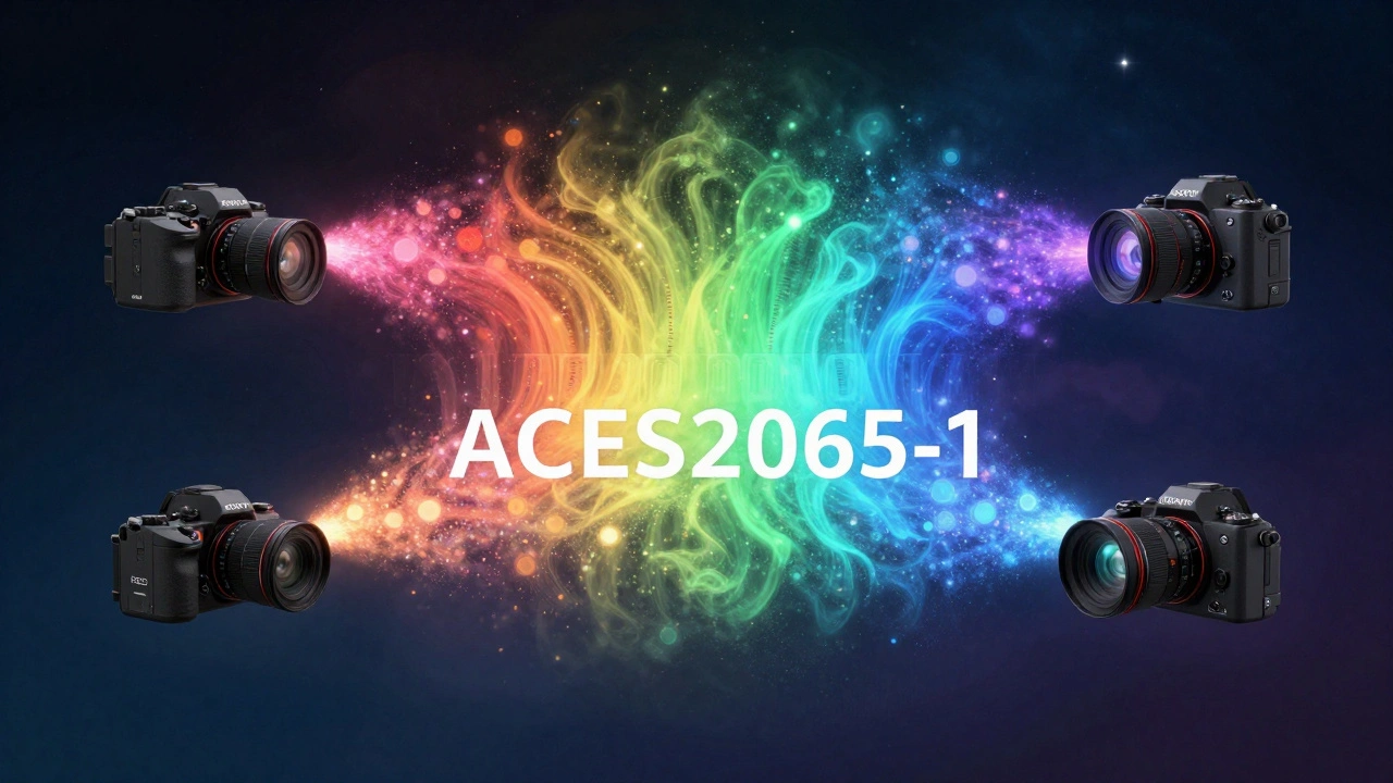 Three cameras emitting colorful data streams merging into a vast ACES color spectrum.