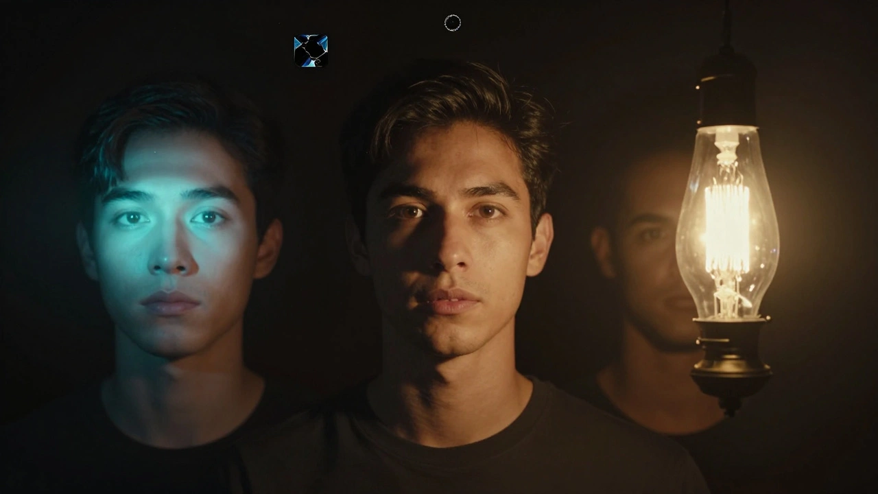 Three faces under different lighting: one flattened by poor light, one beautifully rendered, one in warm glow, with broken sensor in center.