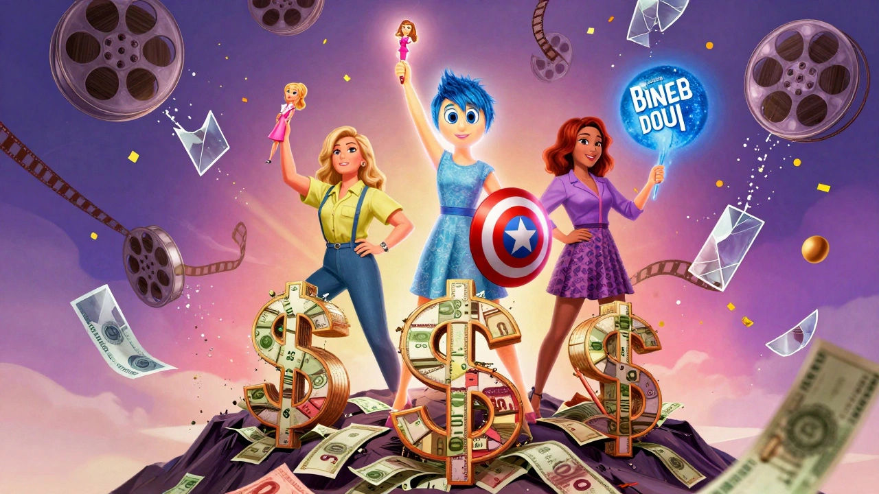 Three female directors standing atop box office receipts with symbolic film props, comic book style