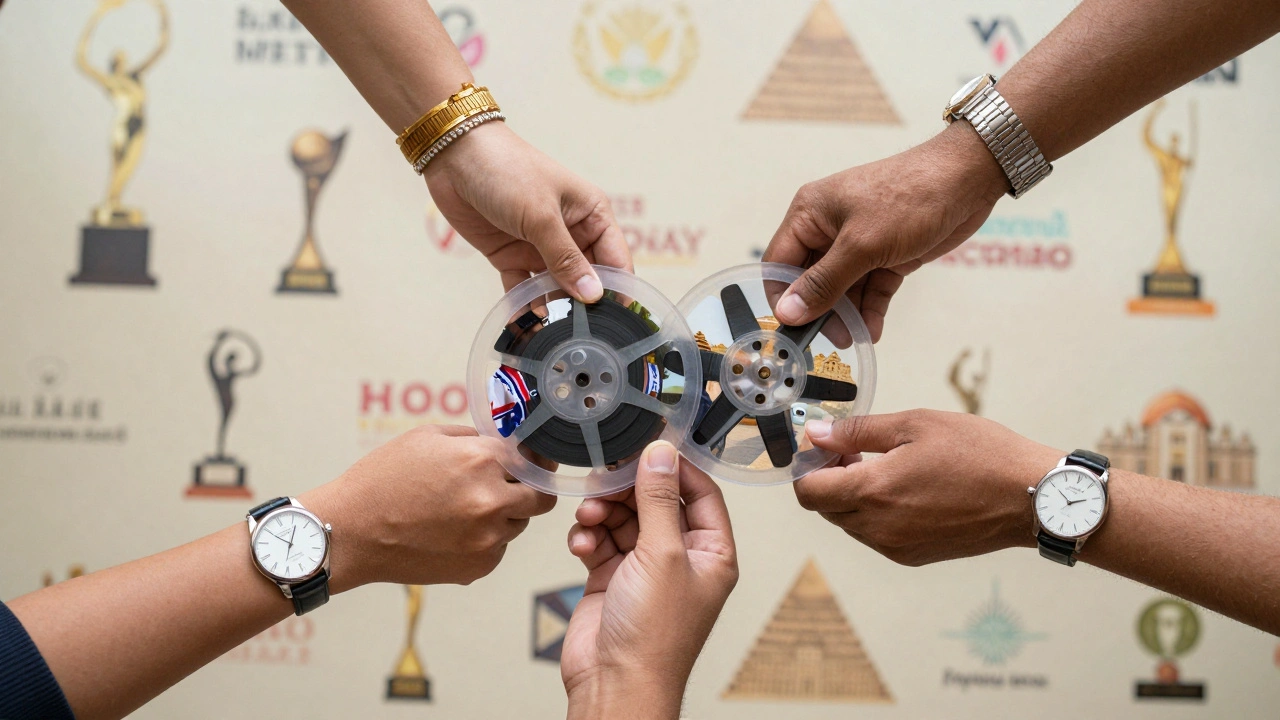 Three hands from different continents hold a film reel projecting stories from around the world.