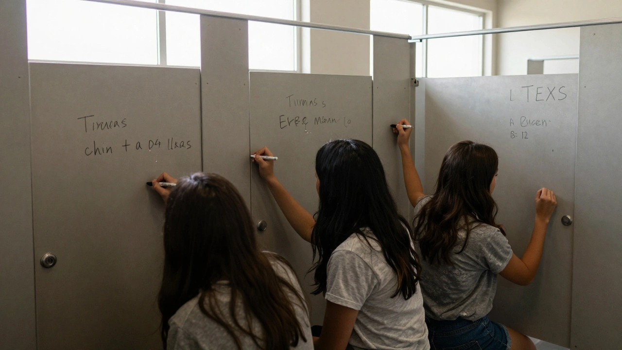 Three trans teens writing their names on a bathroom stall door, morning light streaming in, quiet and personal.