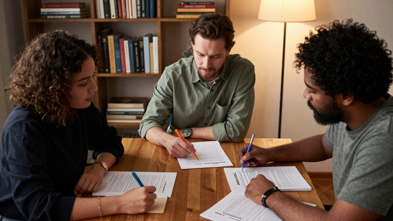 Three writers collaboratively reviewing scripts with annotated feedback forms.