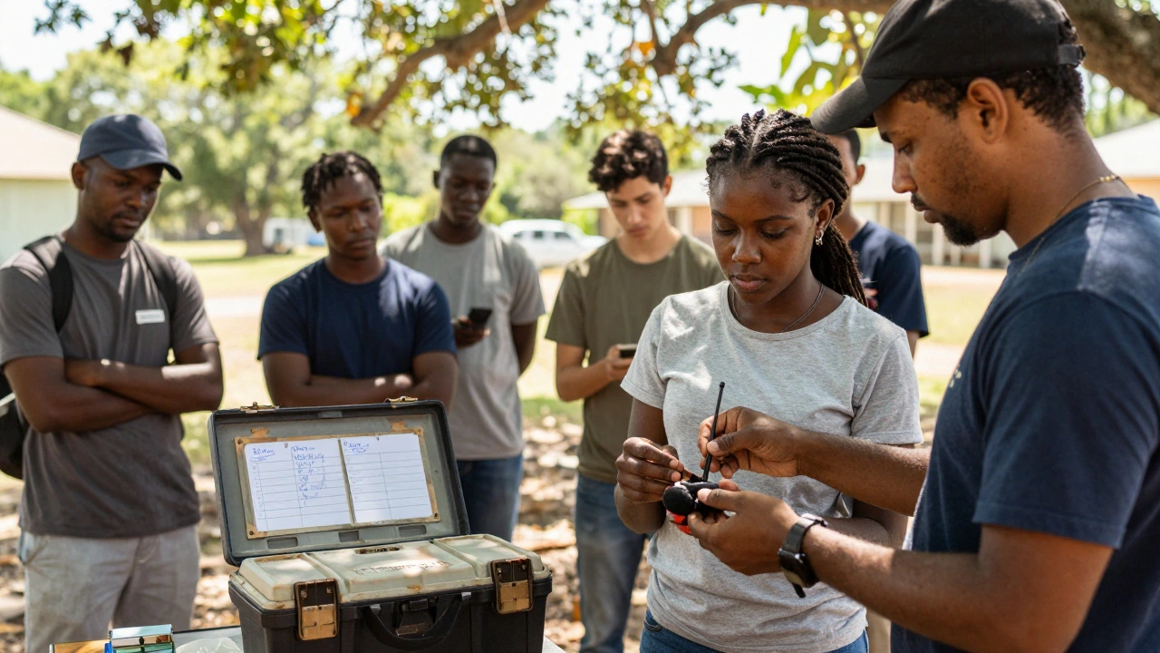 Trainees learning from experienced crew members on a rural film set, sunlight filtering through trees.