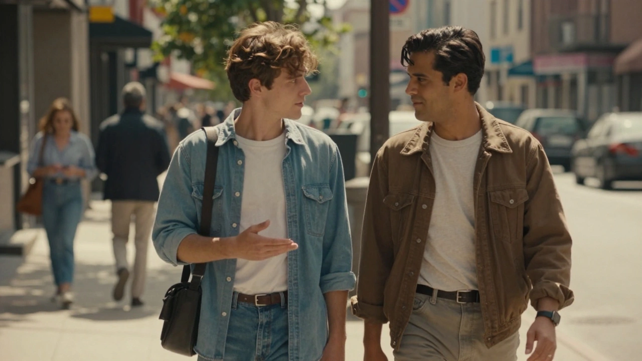Two actors walking together on a sunlit street, their movements in perfect sync during an improvised scene.