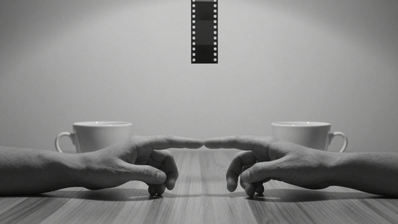 Two hands almost touching on a table, symbolizing unspoken connection during a film chemistry test.