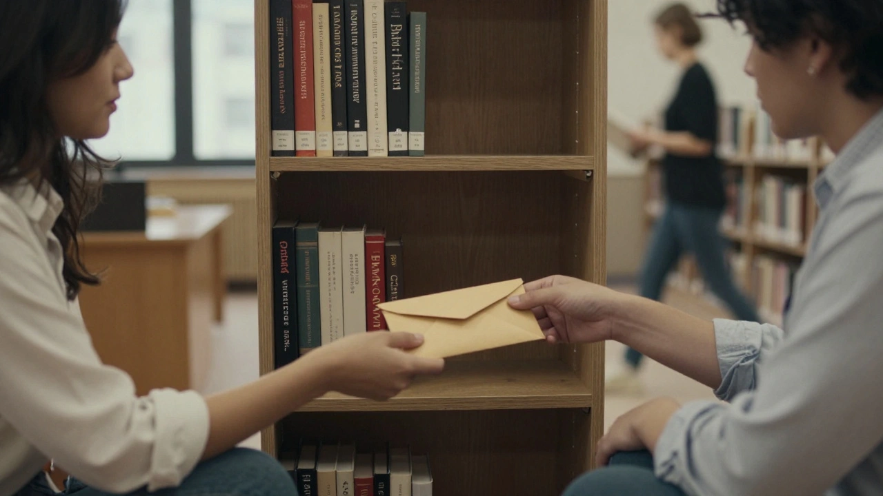 Two people exchanging a sealed envelope in a quiet library, avoiding detection.