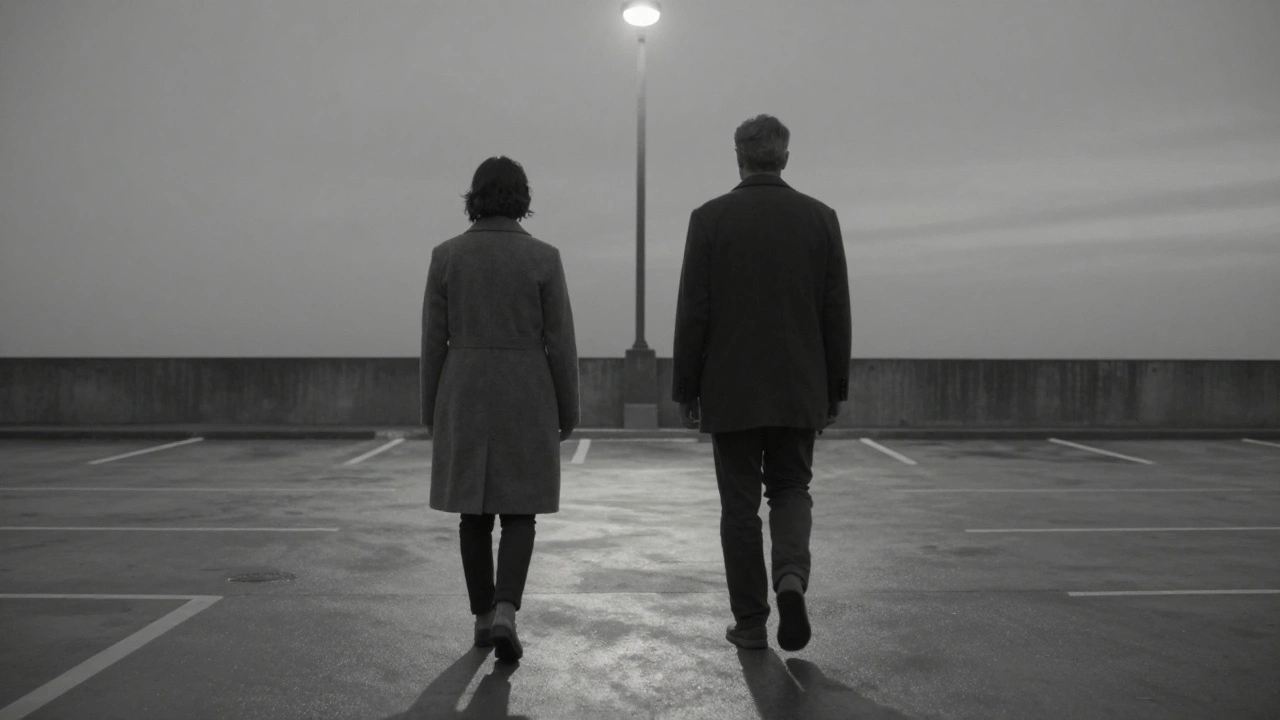 Two people in a gray parking lot, one walking away, the other frozen in silent emotion.