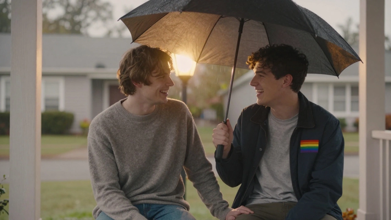 Two young men laugh together on a rainy porch, holding hands under an umbrella.
