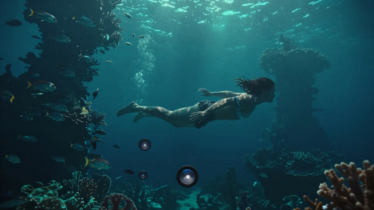 Underwater scene with bioluminescent ocean and floating creatures in deep blue light.