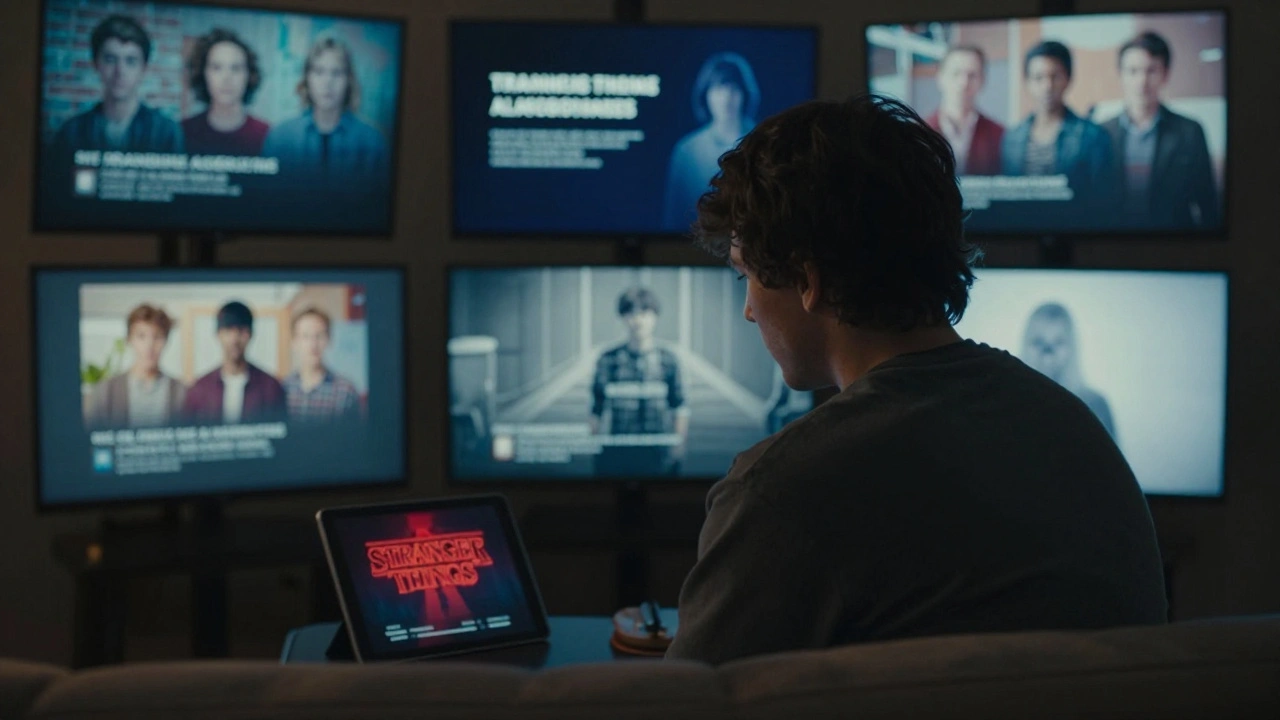 Viewer surrounded by algorithm screens, focused on one streaming original show in dim light.