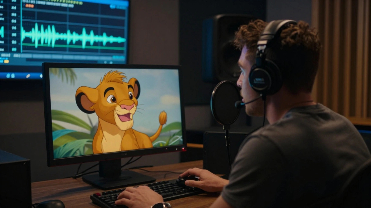 Voice actor syncing dialogue in a dubbing studio while watching a film scene on a monitor.