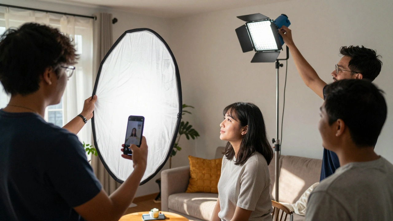 Volunteer crew using natural light and LED lamps to shoot a scene in a living room.