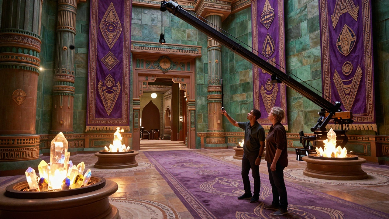 Wakandan palace interior with glowing crystals and African-inspired architecture lit by practical fire and crystal light.