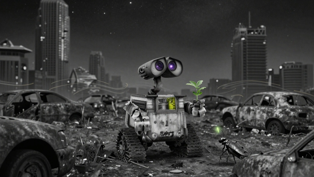 Wall-E standing alone on a ruined Earth, holding a small plant under the stars.