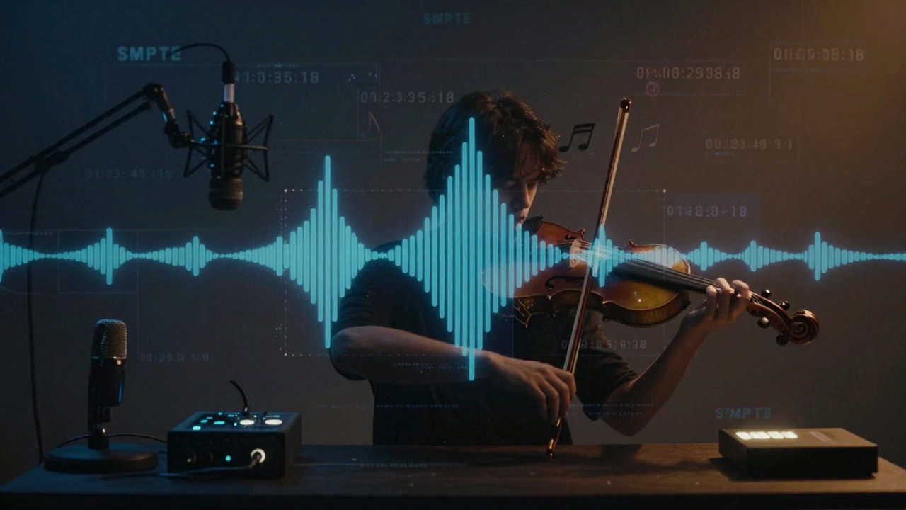 Waveform perfectly synced to a film frame, timecode floating, microphones and sync devices nearby.