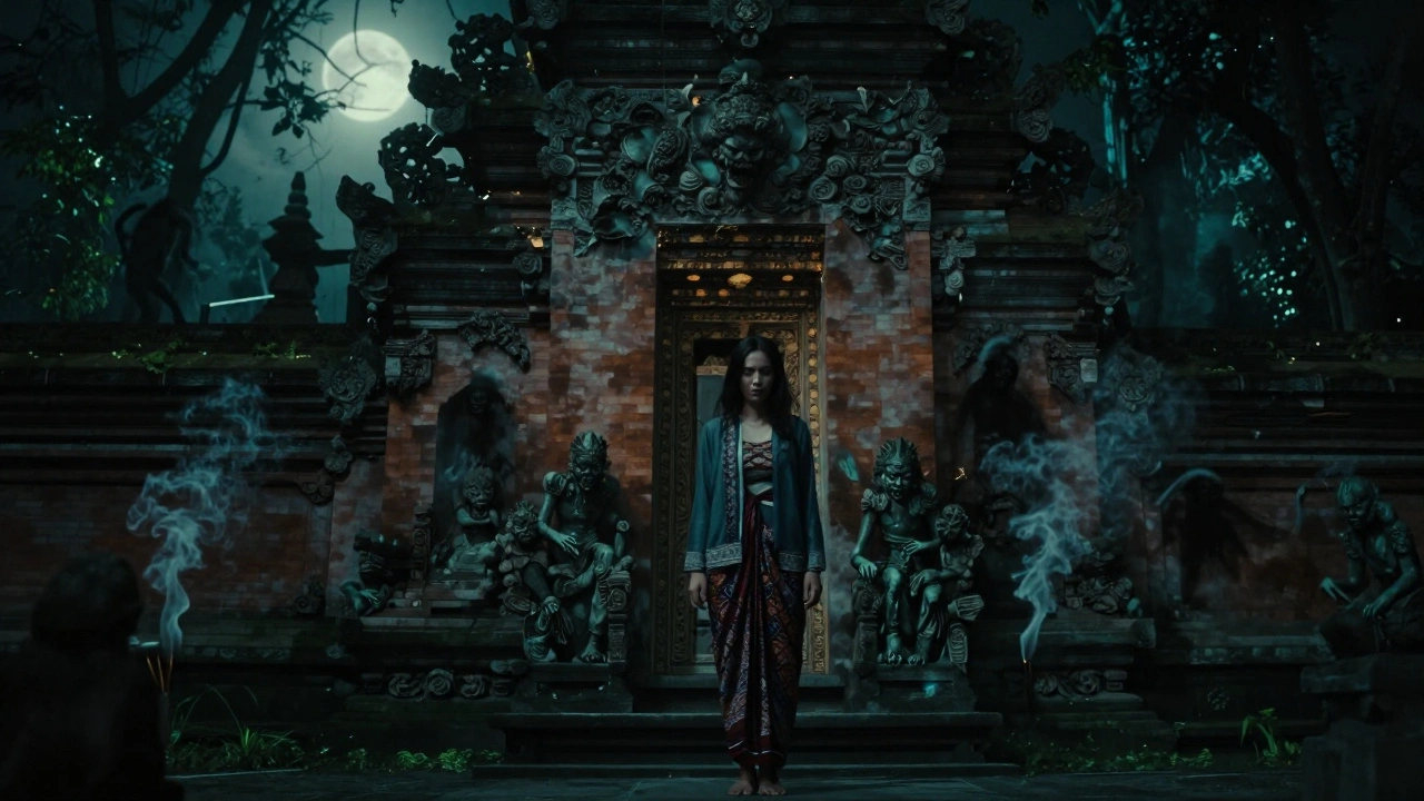Woman in traditional attire facing supernatural spirits in an ancient Javanese temple
