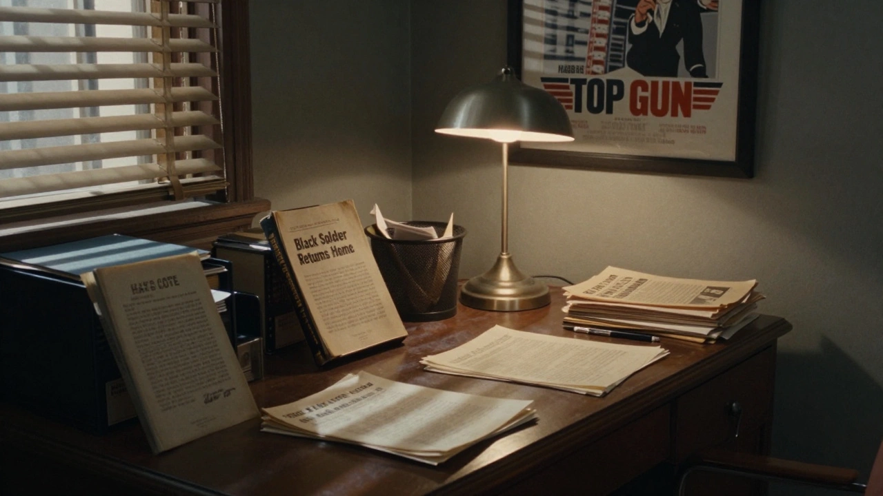 1950s studio executive surrounded by banned film scripts and a glorified military movie poster, shadows casting bars across the desk.
