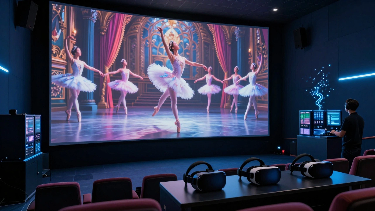 4K cinema screen displaying ballet performance with cloud streaming equipment.