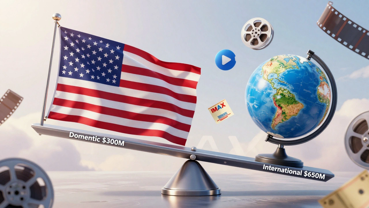 A balance scale comparing domestic and international box office totals, with film reels and streaming icons floating around, tipping toward the globe.