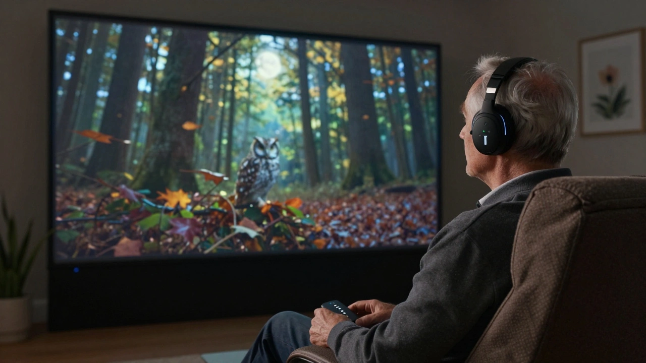 A blind man listens to audio description through headphones, softly lit by the movie screen as he experiences the film’s visuals.