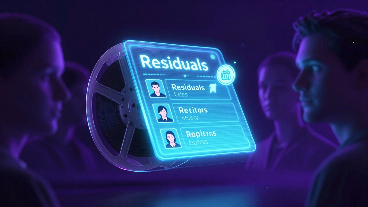 A blockchain ledger floats above a film reel, symbolizing automated residuals and AI rights.