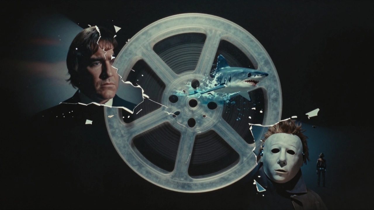 A broken film reel glowing with fragments of iconic 1970s cinematic moments.