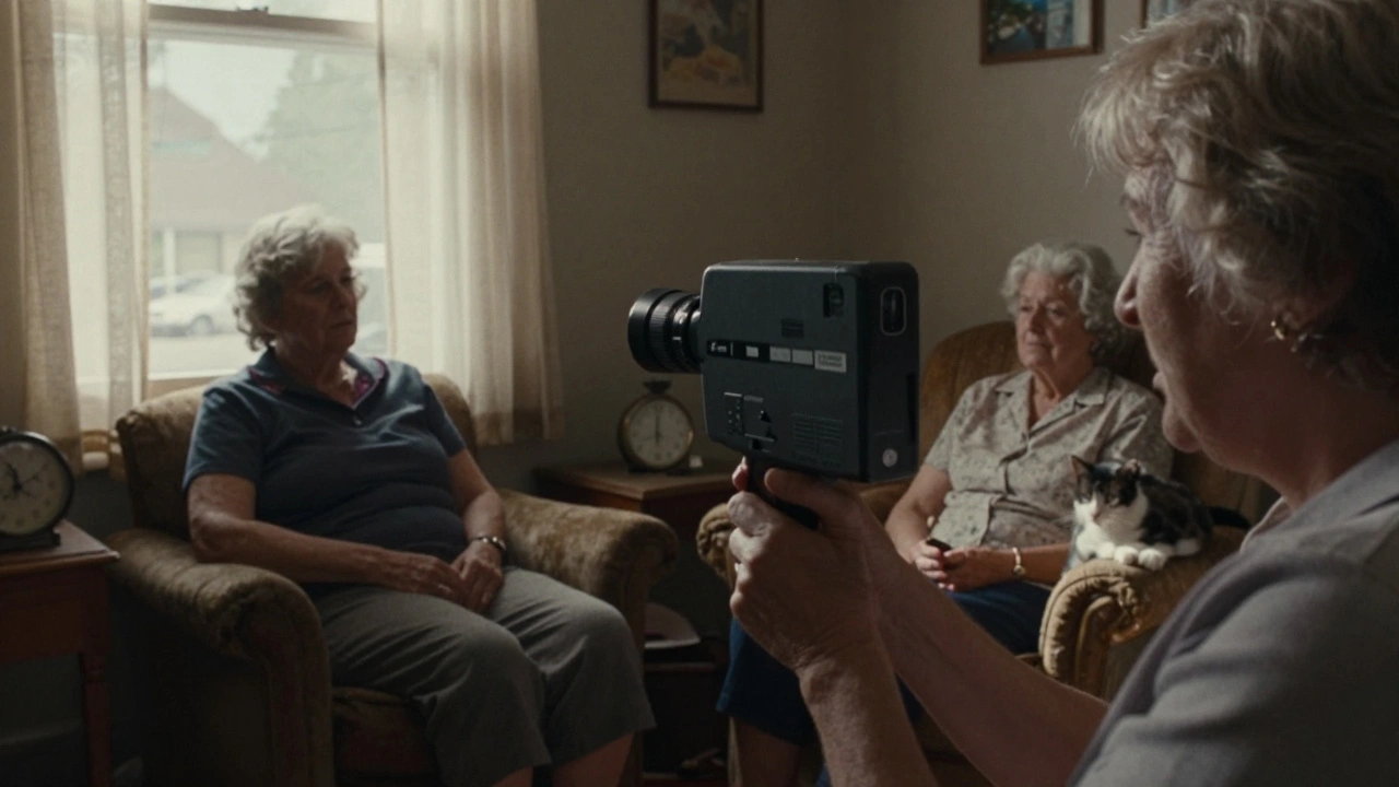 A candid 1970s home scene captured through a handheld 16mm camera, showing two women in quiet sunlight with no narration.