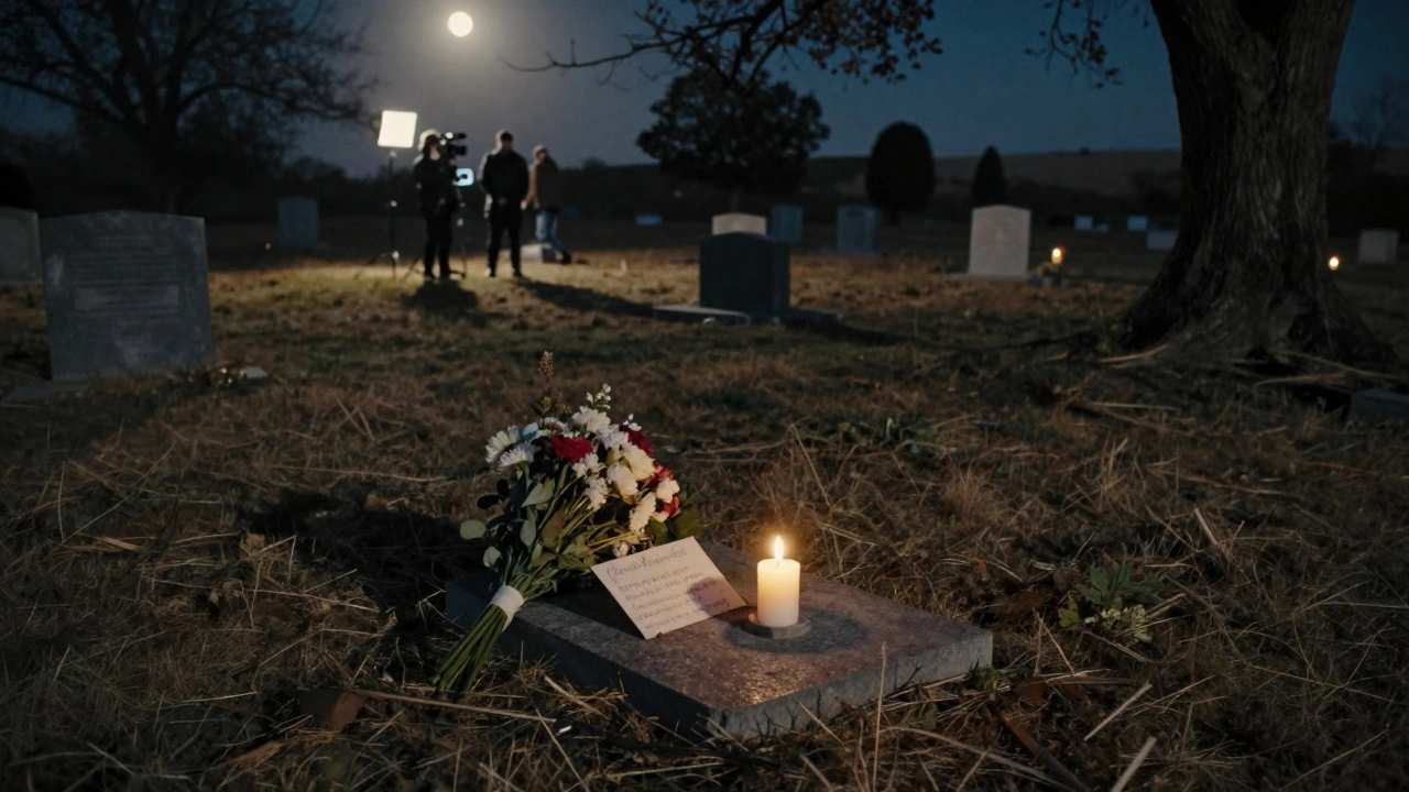 A candlelit memorial at a cemetery as a film crew prepares to shoot a reenactment in the distance.