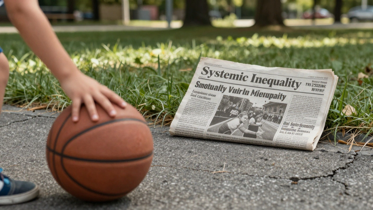 A child's hand reaches for a basketball on a dusty court, with a faded newspaper about inequality nearby.