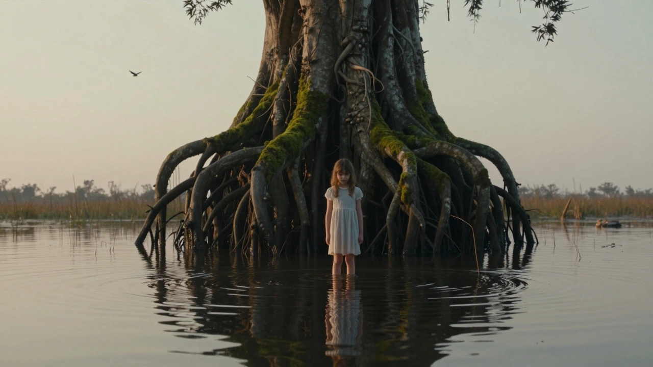 A child in floodwaters as a massive moss-covered creature rises behind her from the water, under a pale, empty sky.