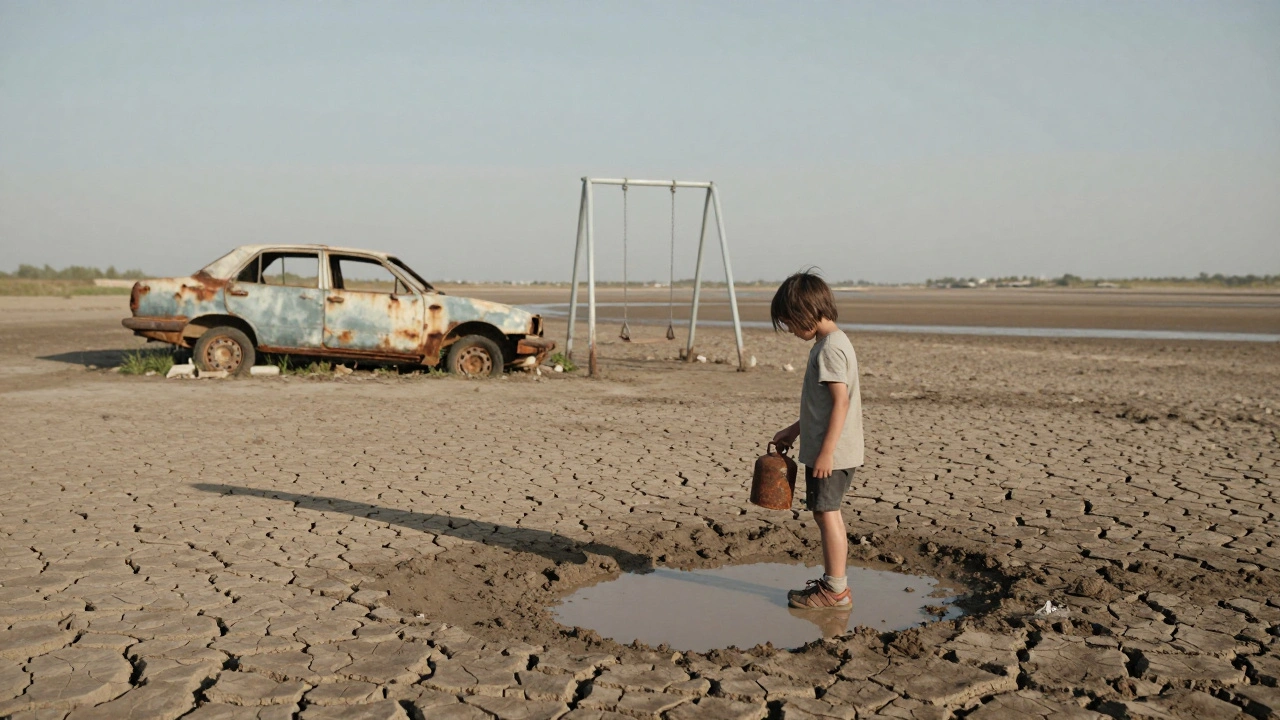 A child stares at a toxic puddle in a dried-up riverbed, surrounded by abandoned ruins.