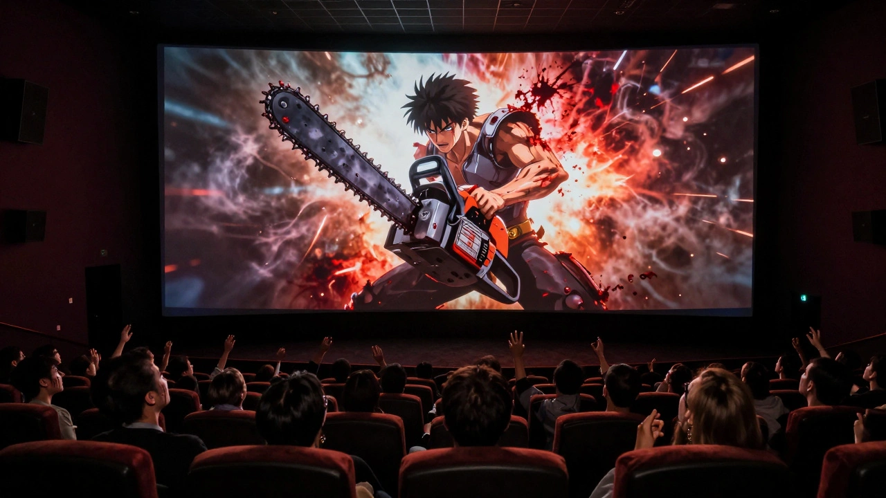 A cinematic scene from Chainsaw Man projects onto a giant screen as an audience watches in awe during a midnight premiere.