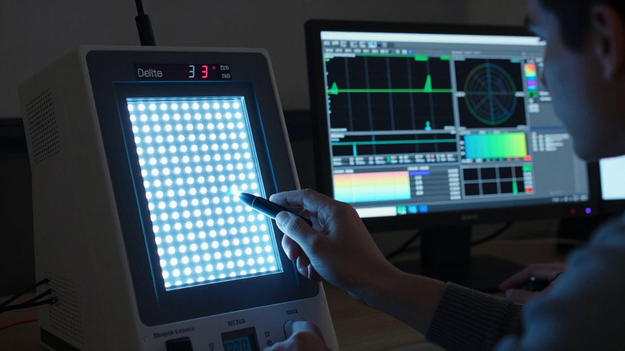 A colorimeter scans an LED panel while a colorist monitors professional calibration tools on a high-end studio monitor.