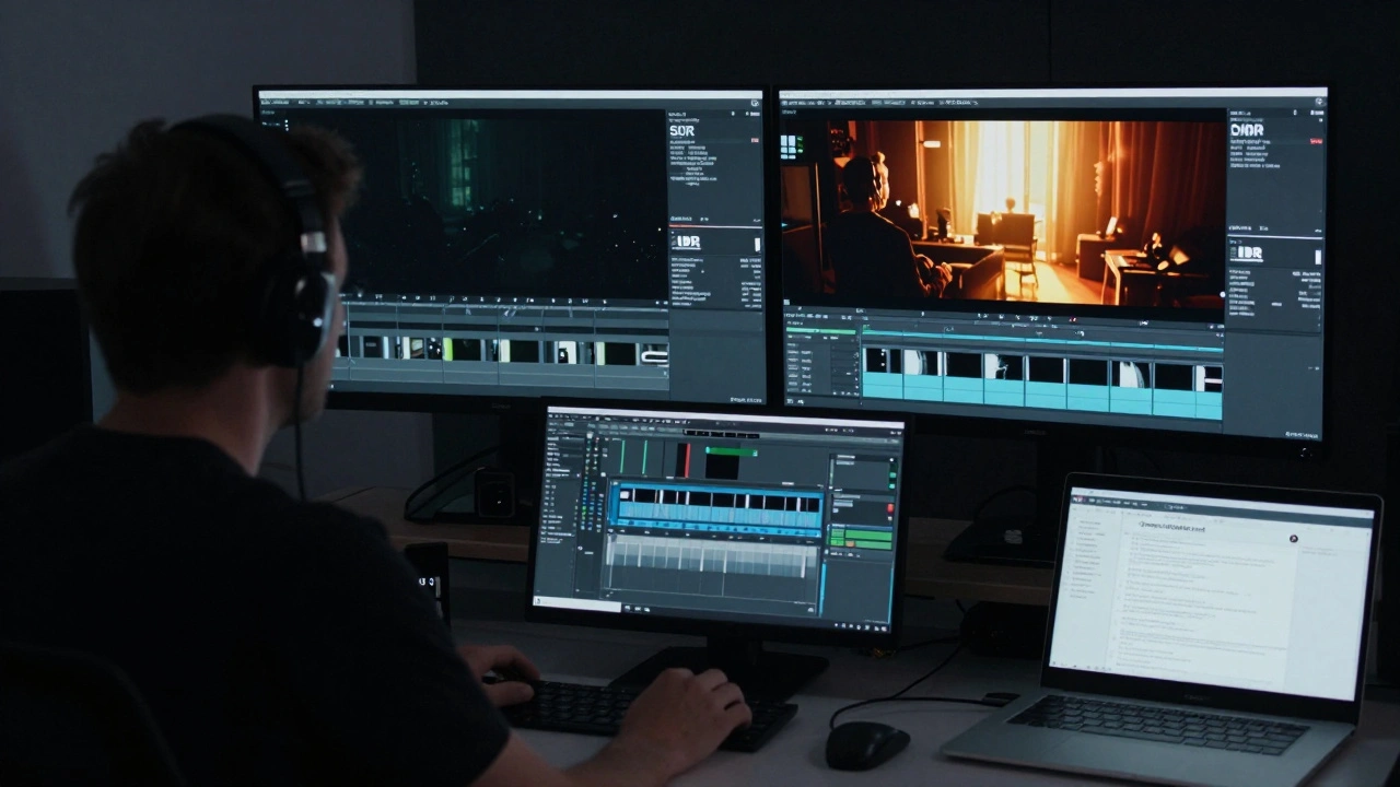 A colorist working in a professional HDR mastering suite with dual monitors showing SDR and HDR comparisons.