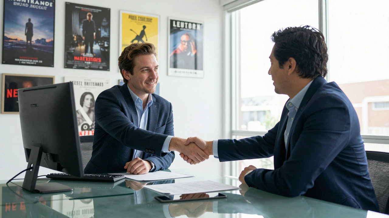 A composer shaking hands with an agent and manager in a professional office surrounded by film posters.