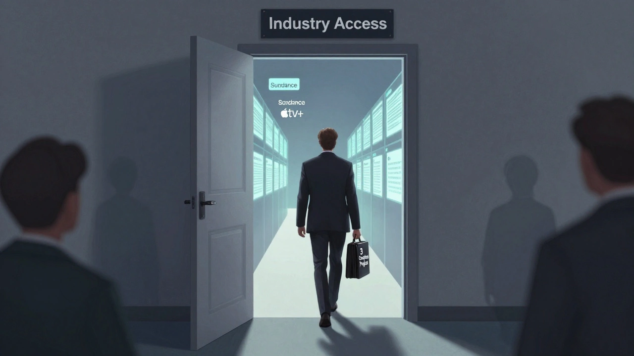 A composer walking toward an open door labeled 'Industry Access,' with glowing film credits along the path.