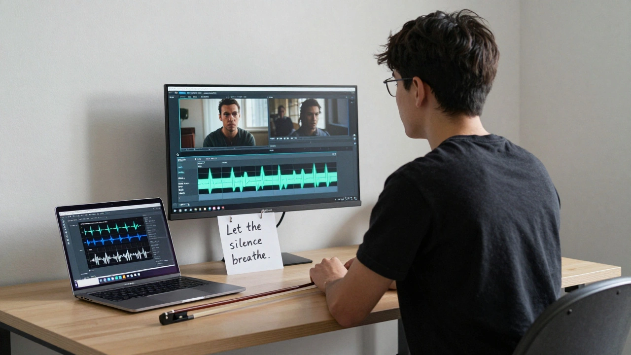 A composer watching film footage in silence, with a note about silence beside the laptop.