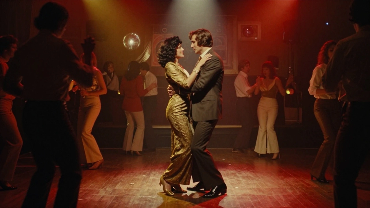 A couple dancing in a 1970s nightclub under disco lights, 'Layla' playing as reflections shimmer on the floor.