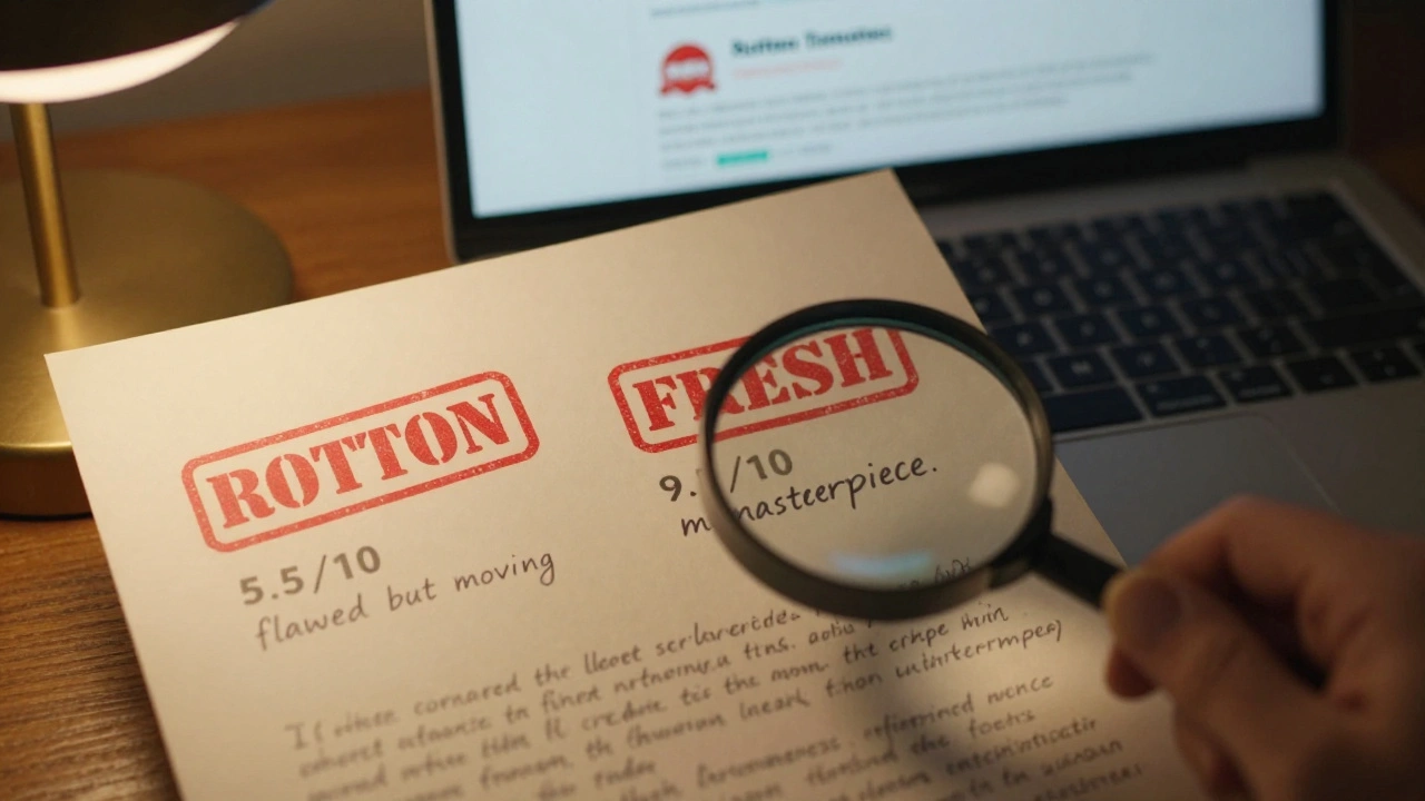 A critic's handwritten review with a 5.5/10 stamped 'ROTTON' next to a 9.5/10 stamped 'FRESH,' both under a magnifying glass.