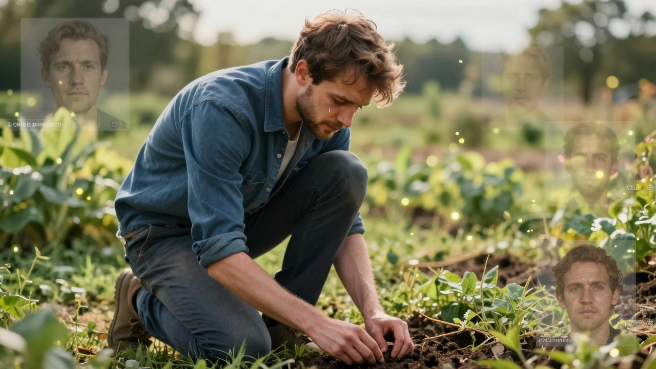 A deaf gardener in a sunlit field, tears falling as soft translucent data points hover around him, representing viewer emotional responses.