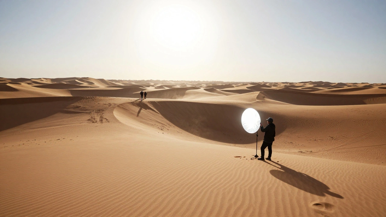 A desert landscape under intense midday sun, with a film crew using a reflector to shape the light.