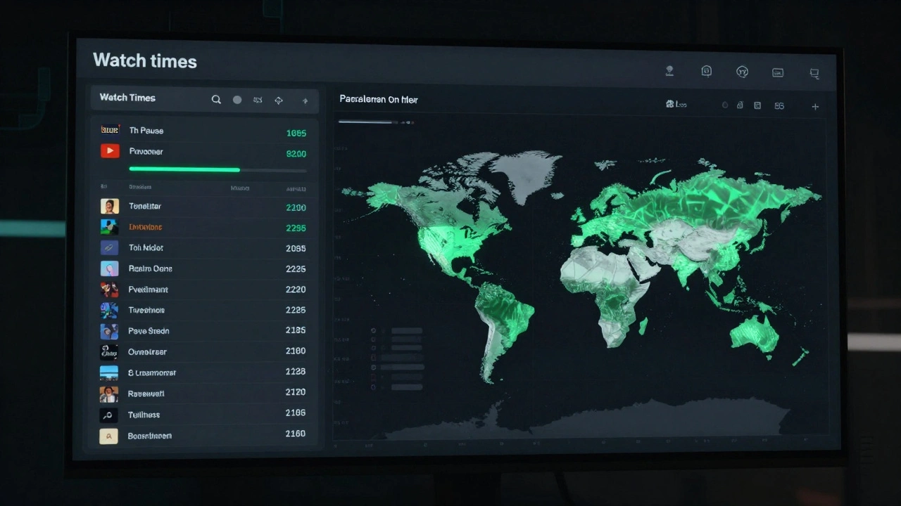 A digital analytics dashboard showing real-time streaming data from film screeners across the world.