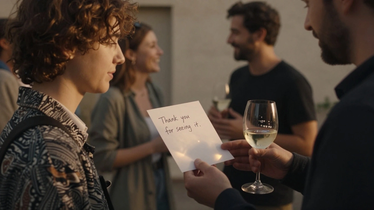 A director hands a handwritten thank-you note to a producer at a festival after-party.
