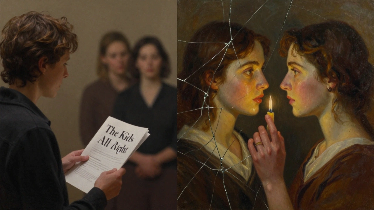 A director holding a script beside an intimate moment between two women in candlelight.