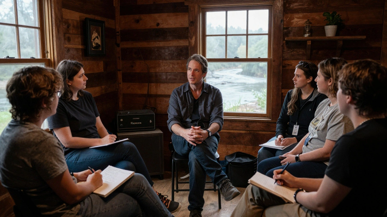 A director speaks with critics in a quiet cabin, no screens or slides, just honest conversation about a film.