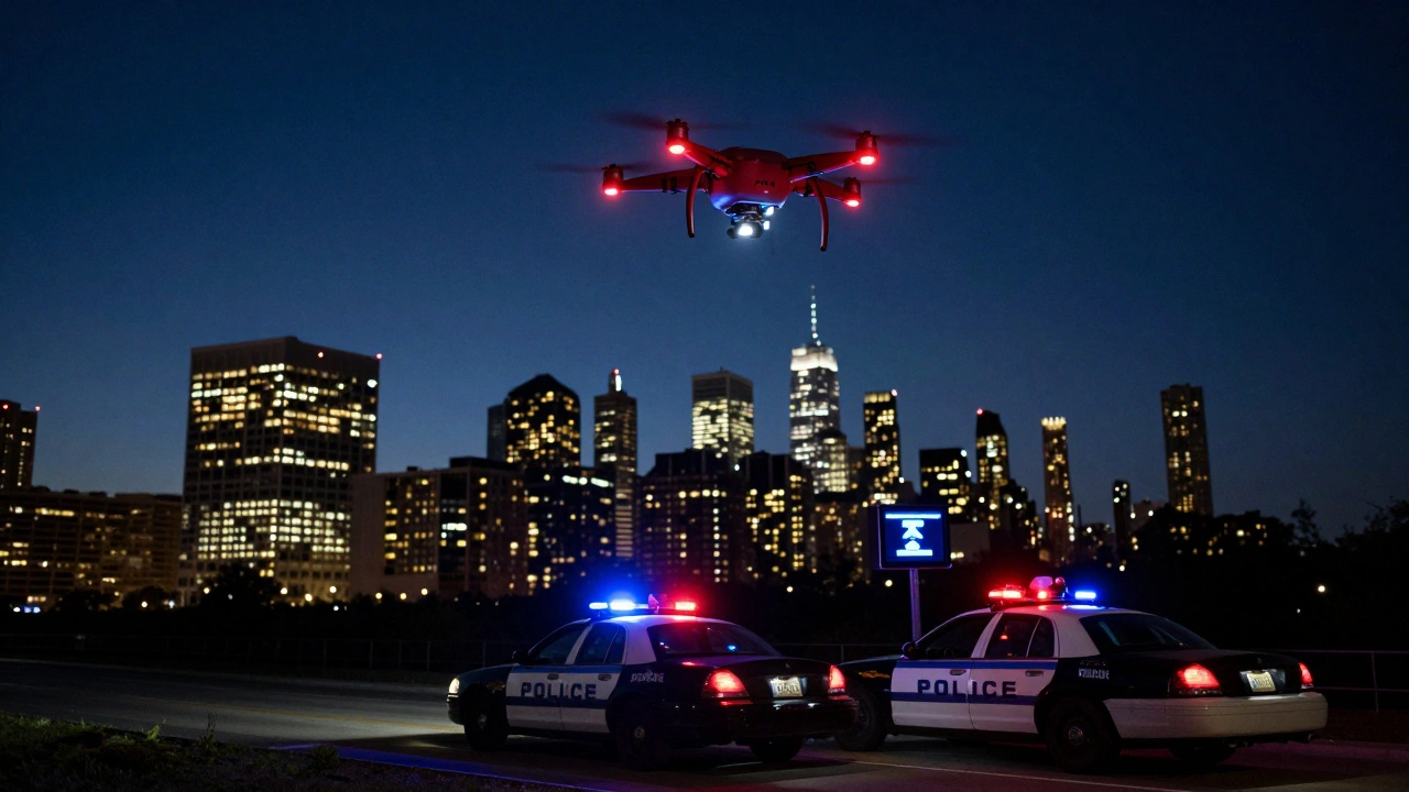 A drone with anti-collision lights flies over a city at dusk while police radar detects unauthorized flight activity below.