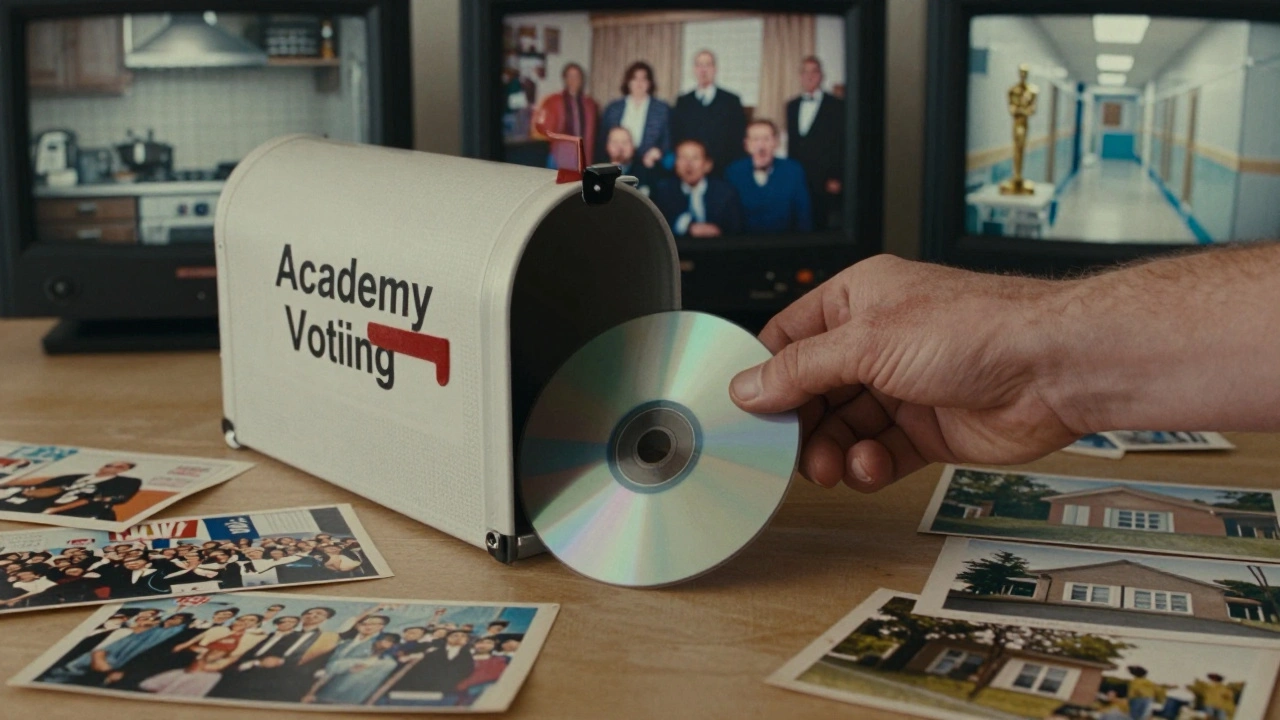 A DVD is mailed to the Academy, accompanied by postcards from powerful documentary moments, symbolizing quiet, authentic storytelling.